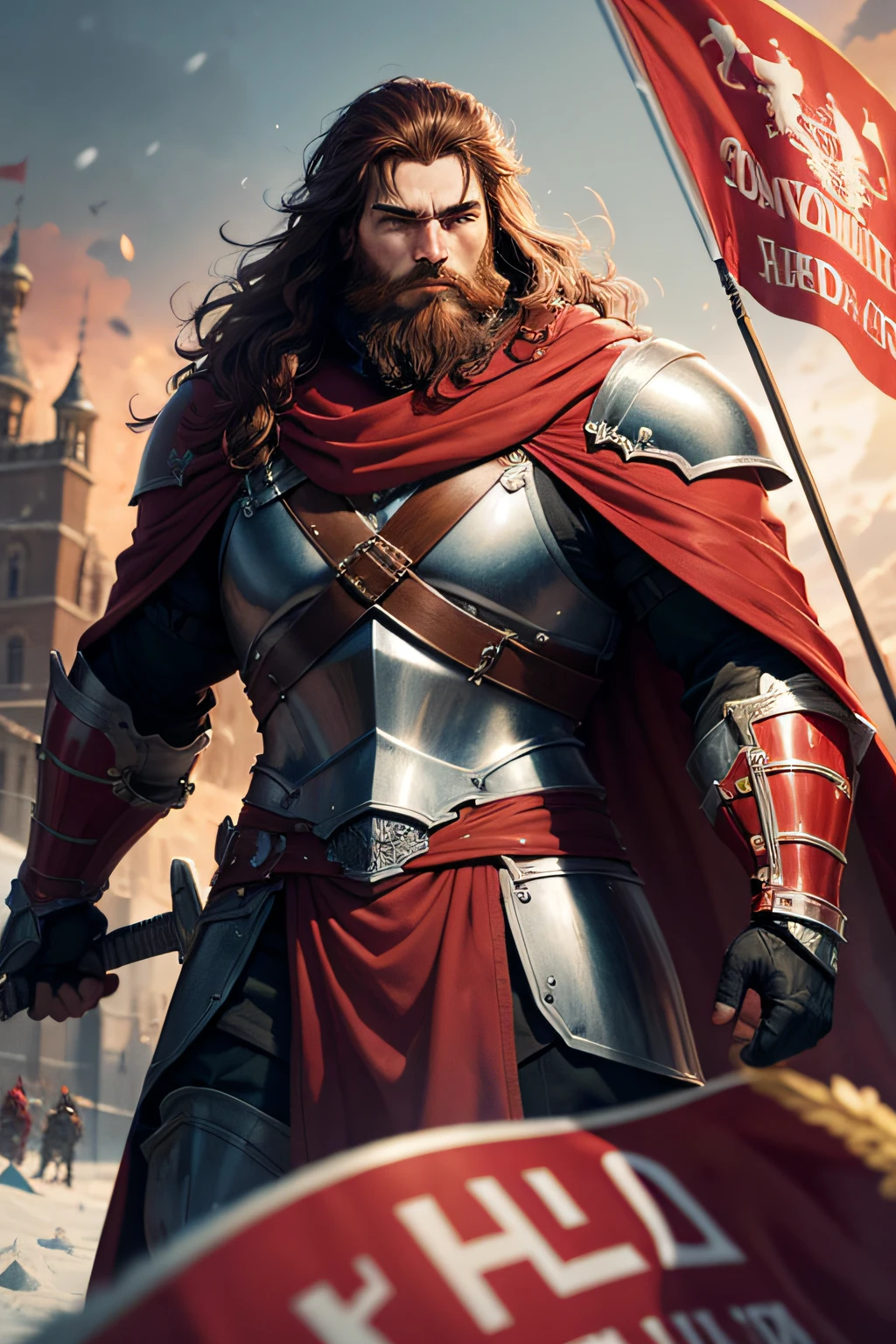 1 man, leader of the proletariat, heavy knight armor, red cape, brown hair and beard, revolution, inspiring, red and gold banner, heroic, snow, holding a large sword