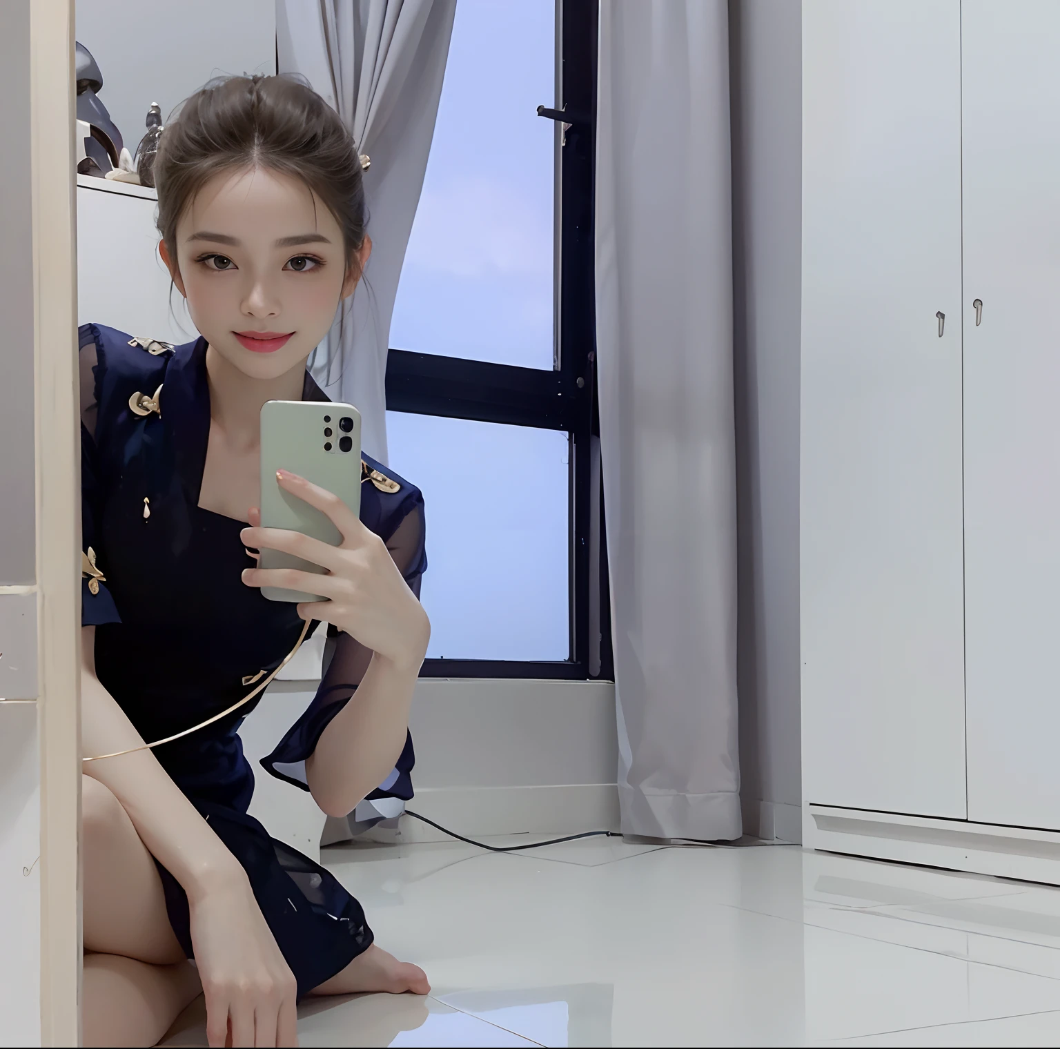 1girll,(enchanced quality:1.4),(Top quality true texture skin), Delicate face,Black hair, Gradient hair, Petite body,(perfect bodies:1.1), There are precious stones on the forehead, rimless eyewears, Sparkling pupils,long eyelasher,grin, hyper photorealism, Cinematic lighting, projected inset, surrealism, hyper HD, Masterpiece, 16k,Lie down,dream on,Wear transparent silk pajamas,Carmelto,Legs slightly open,Tattooed with,Fantasy space,Luxurious space, studio background, change background, background convert into studios