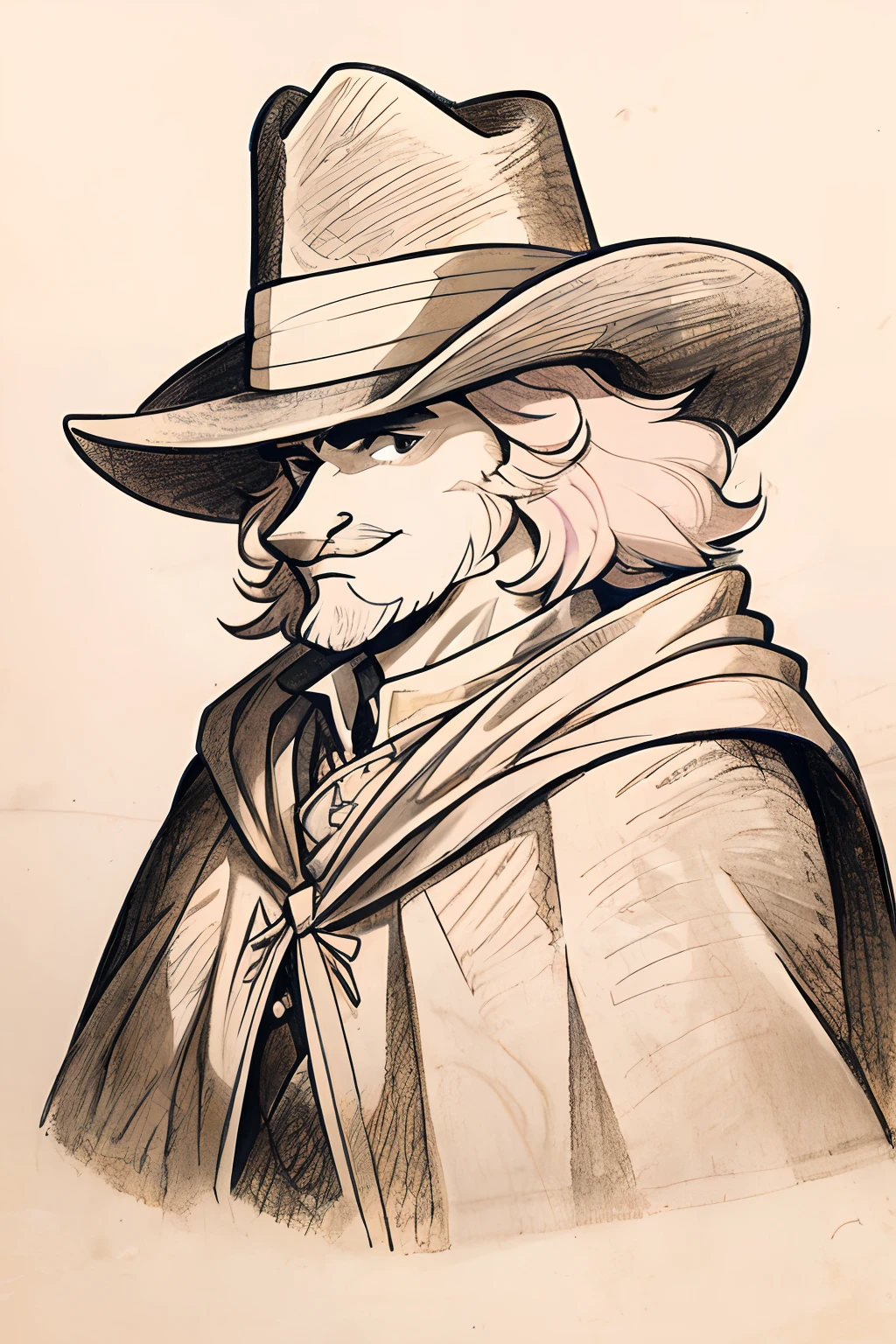 Illustration of a male musketeer, looking into camera, goatee, plumed_hat, cloak, caricature, line art drawing, 1600s, Alexandre Dumas:1.4, Richelieu, french_musketeers, castle_background:1.2, UPA style cartoon:1.8, minimalist, cowboy_shot, (fine ink drawing:1.4), (pastels:1.4)