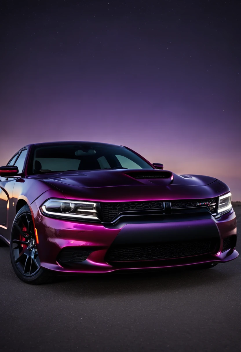 black and purple striped dodge charger hellcat at night 4k realistic