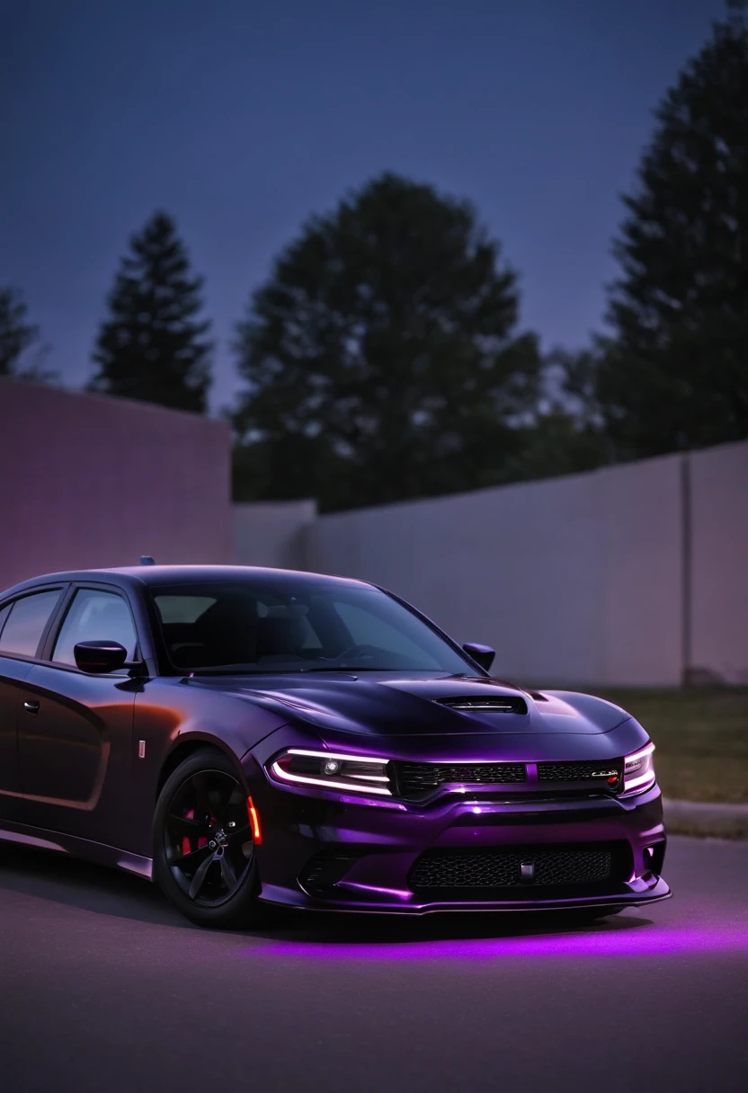 black and purple striped dodge charger hellcat at night 4k realistic