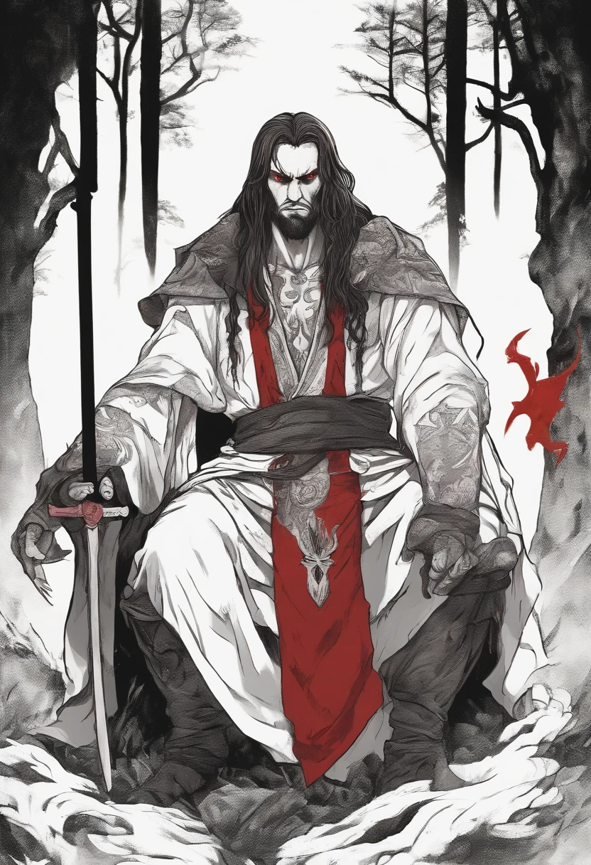 Tall strong man, covered in tattoo's and black markings, scarred all over his body, sitting in a forest, wearing a long open white robe showing off his scarred and marked chest, long red hair, horns, holding a demonic katana, tiefling, wearing a cross necklace, glowing red eyes