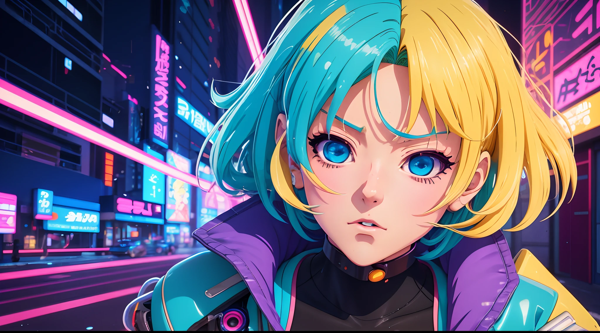 a close up of a person with blonde hair and blue eyes, 8 0 s anime vibe, anime style 4 k, digital cyberpunk anime art, 8 0 s anime art style, digital cyberpunk - anime art, anime style. 8k, in the art style of 8 0 s anime, lofi girl, digital anime illustration, 8 0 s anime style, anime cyberpunk art