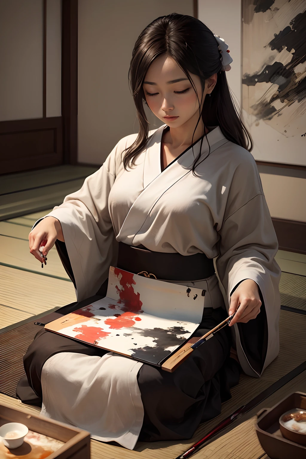 Realistic painting, abstract, in the style of Japanese brush painting, zen, relax, focused, centered