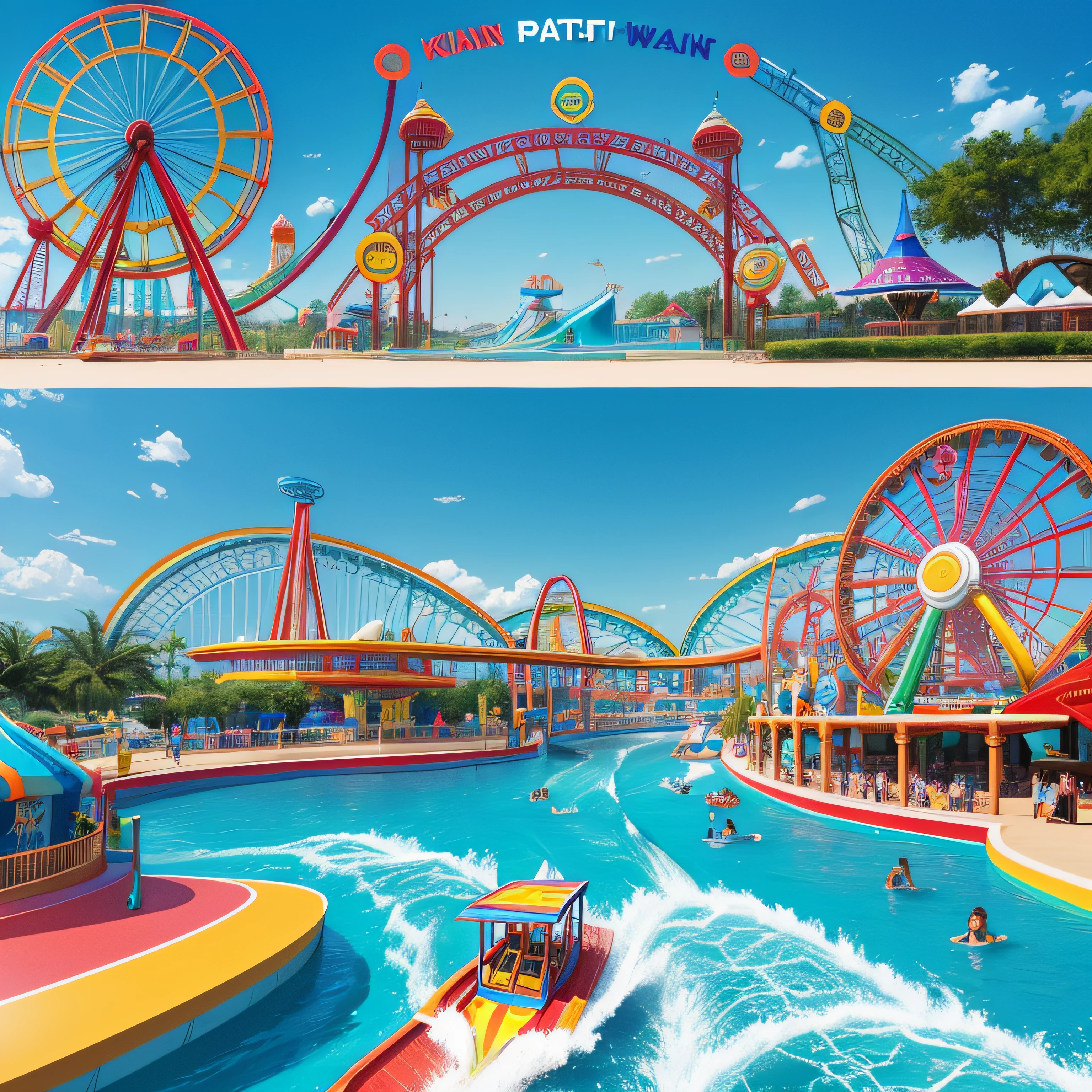 logo design of water theme park. text as "kalyan Amusement Park", colourfull vector illustration, kalyan and park letter should be bold and big, logo shoud be attractive for kids and family, add elements like giant wheel, seven wornders, long roap bridge, water slider, man water flyboarding, high percesion