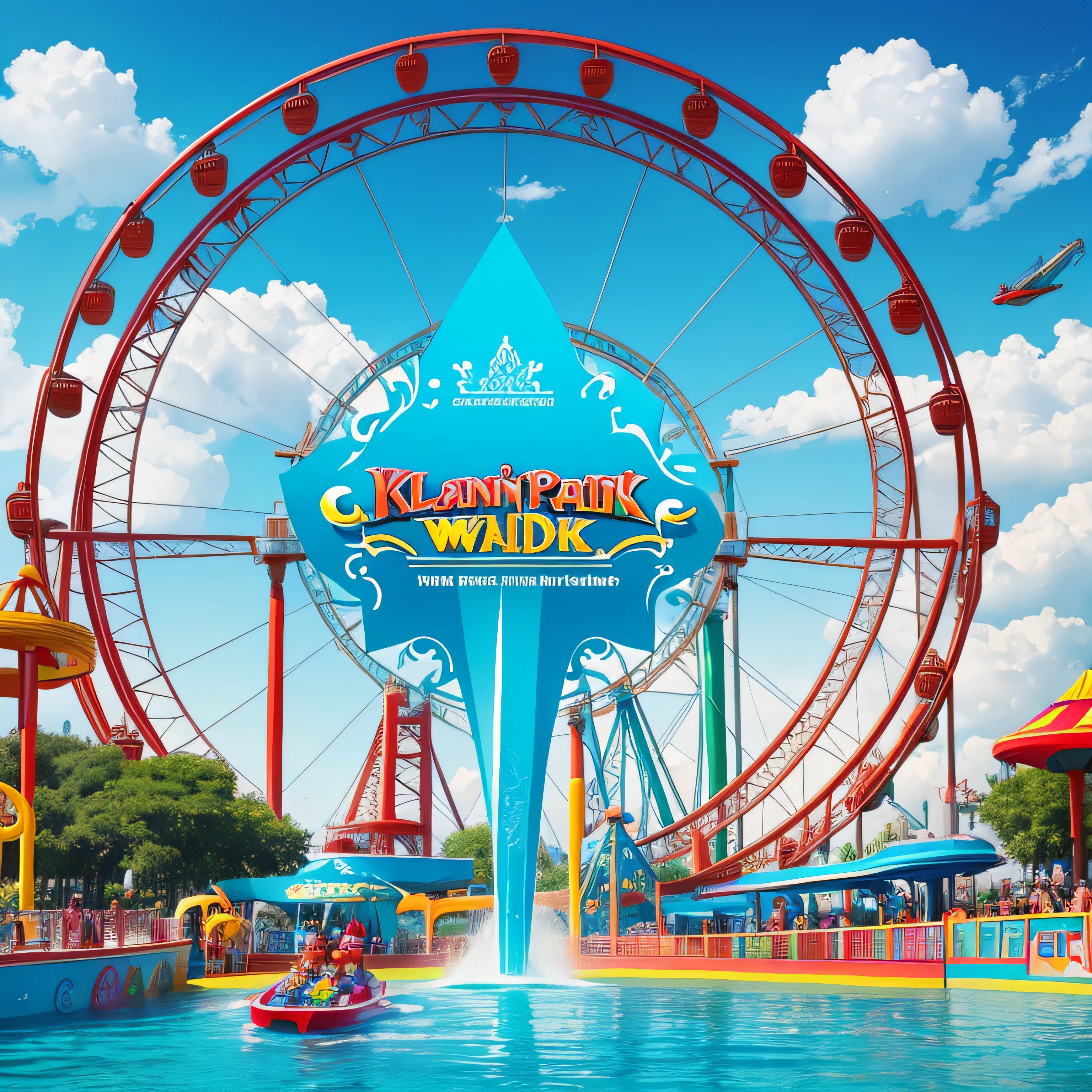 logo design of water theme park. text as "kalyan Amusement Park", colourfull vector illustration, kalyan and park letter should be bold and big, logo shoud be attractive for kids and family, add elements like giant wheel, seven wornders, long roap bridge, water slider, man water flyboarding, high percesion