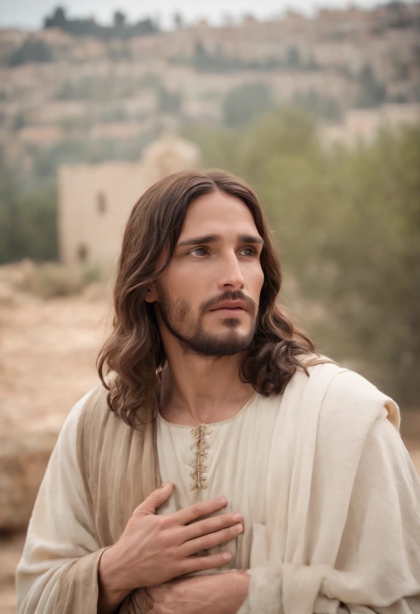 Jesus Christ full body looking. Forward with a look of tenderness and compassion. For a multitude of faithful. Jerusalem