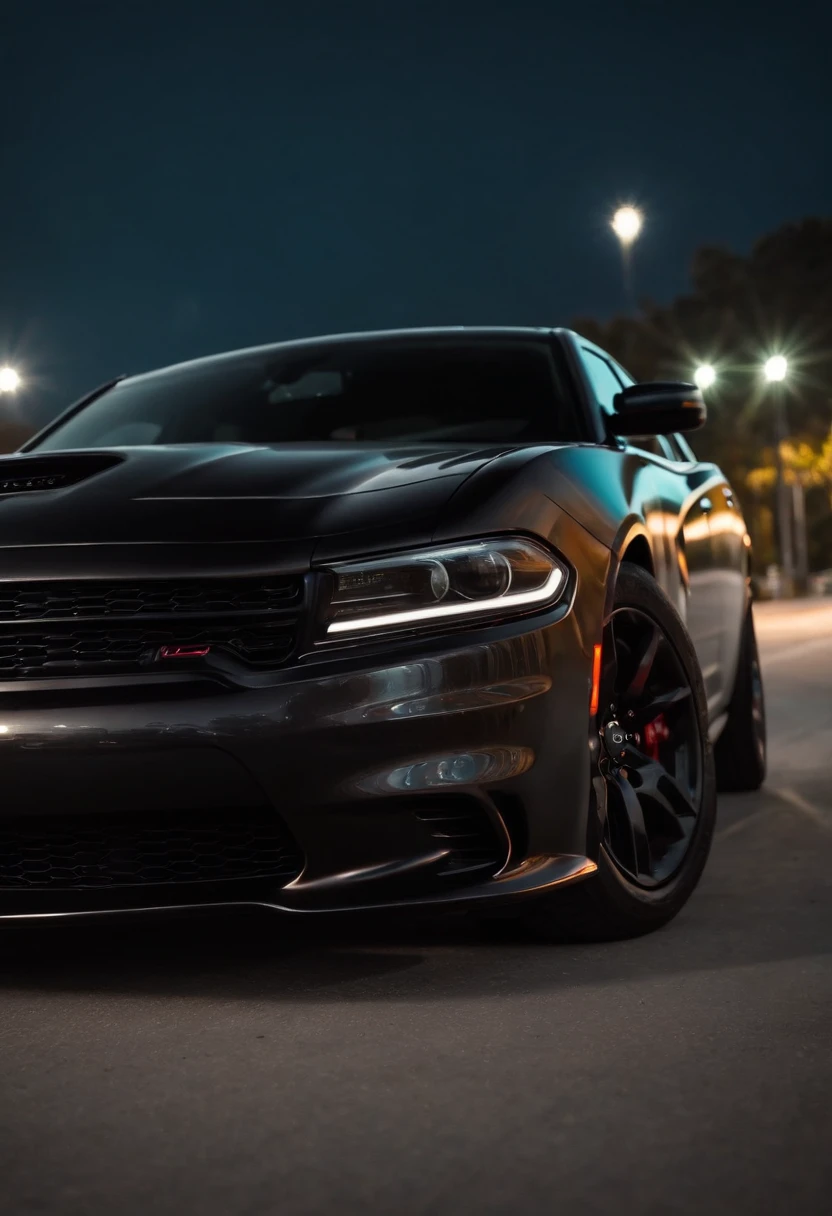 black venmon themed dodge charger hellcat at night 4k realistic