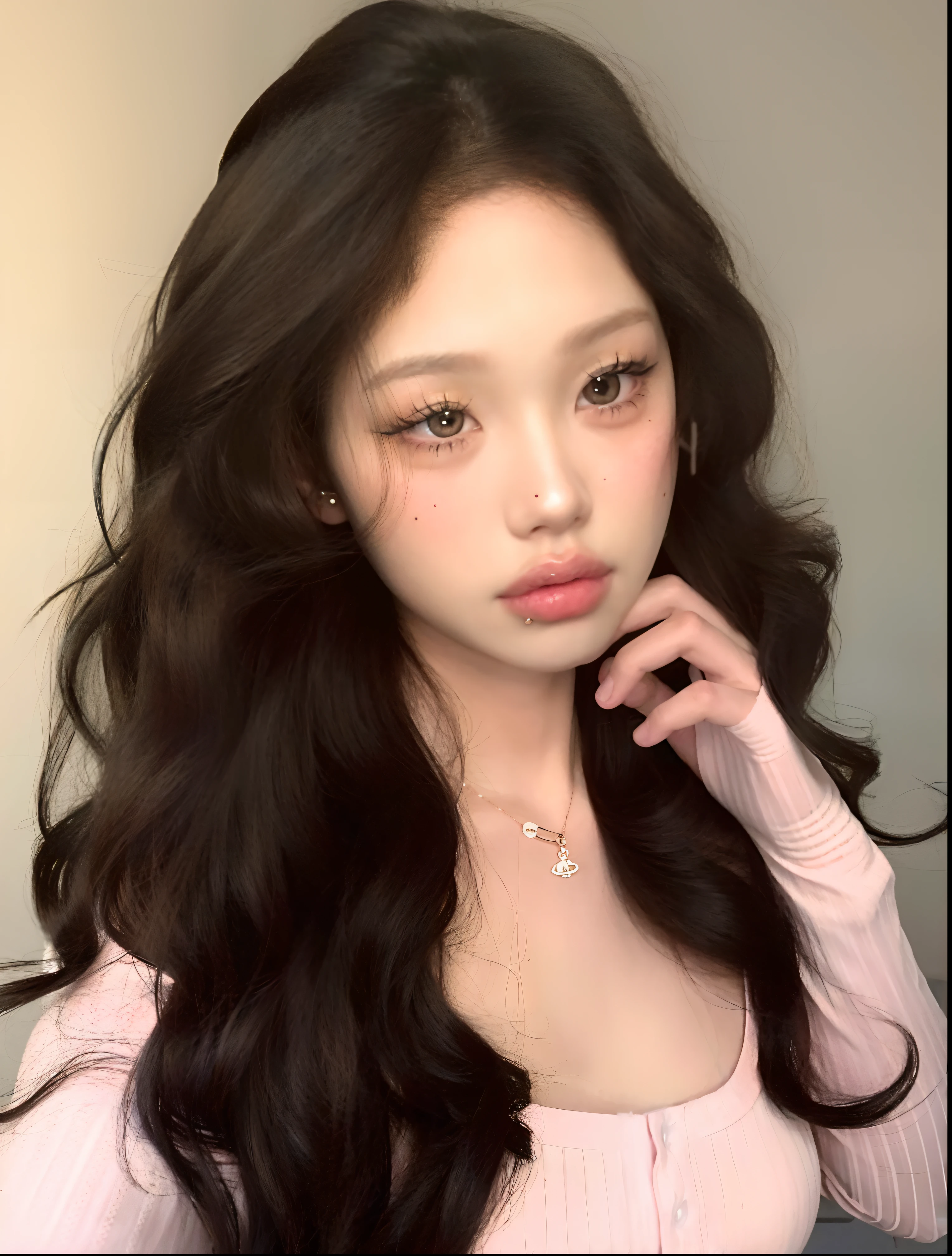 um close up de uma mulher com cabelos longos vestindo uma camisa rosa, Ulzzang, jennie blackpink, menina coreana, mulher coreana jovem bonita, linda mulher coreana jovem, Mulher sul-coreana bonita, young adorable korean face, maquiagem coreana popular, wan adorable korean face, korean face features, maquiagem sul-coreana popular, Beautiful Asian girl, Jinyoung Canela, beautiful aesthetic face