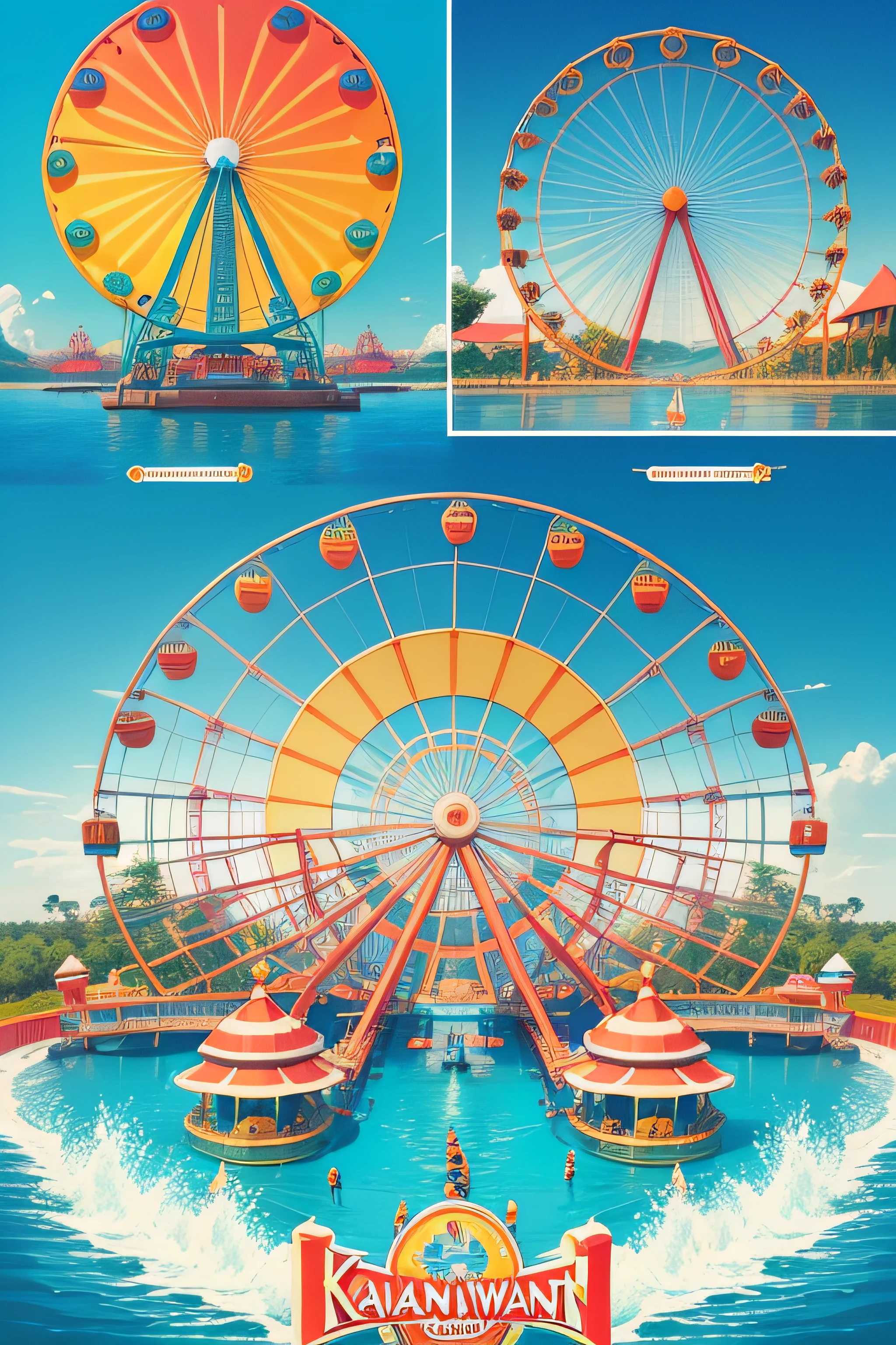logo design of water theme park. text as "kalyan Amusement Park", colourfull vector illustration, kalyan and park letter should be bold and big, logo shoud be attractive for kids and family, add elements like giant wheel, seven wornders, long roap bridge, water slider, flyboarding,