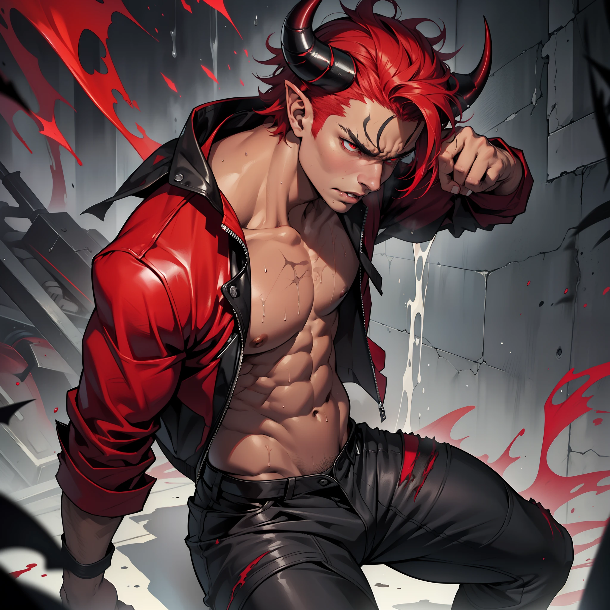 full body shot of a masculine young man, he is part demon, clean shaven and short cropped red hair, pouty pink lips, splashed ink drips down his body, he is very sweaty, he is posing seductively, ((has dark tanned skin with black and red hints)), ((he is very angry)), ((has demon horns)), large bulge, solo, alone, has glowing red eyes, he is in a dark hellish environment that is smoky and grungy, ((all his clothes are liquid))