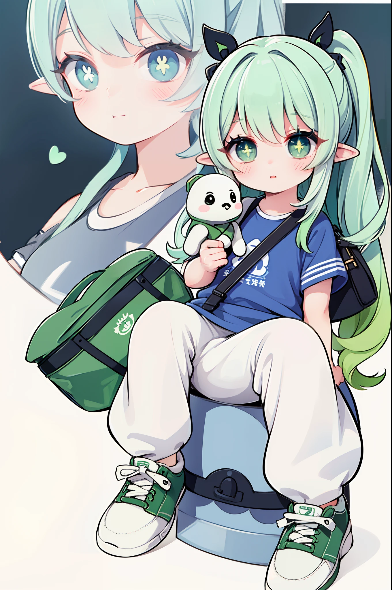 face to the viewer，best qualityer，One girl，，whitet-shirt，track pants，athletic sneakers，Carrying a school bag，Cute Baby Turtle、Long、Wavy hair、tmasterpiece、Top image quality、top-quality、Green hair，dual horsetail、Very long hair