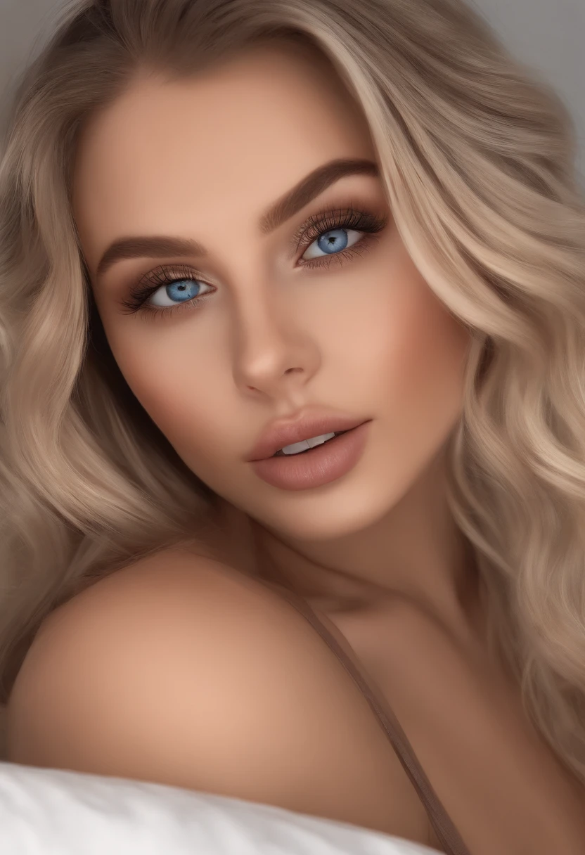 arafed woman fully , sexy girl with blue eyes, ultra realistic, meticulously detailed, portrait sophie mudd, blonde hair and large eyes, selfie of a young woman, bedroom eyes, violet myers, without makeup, natural makeup, looking directly at the camera, face with artgram, subtle makeup, stunning full body shot kneeling on bed, in bedroom, medium to large size bust; ; ;naked
