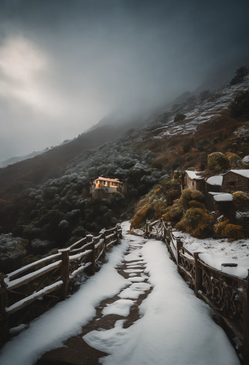 uma pousada na montanha, realista, entrada da pousada, pousada bonita, pousada de madeira, quarto da pousada, neve, nevando