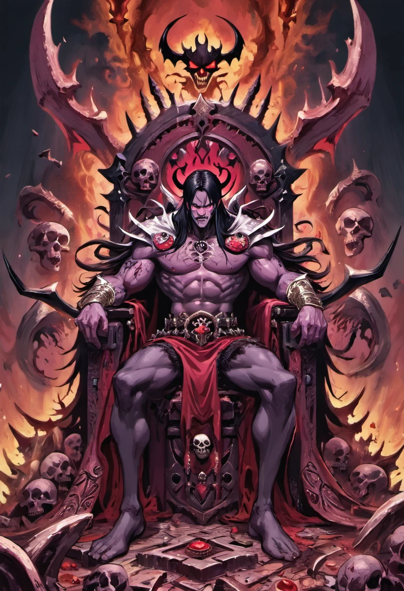 Tall powerful man, sitting on a golden throne surrounded by corpses and skulls, throne is inside a bloody red and black forest of death and destruction, long black hair with purple highlights, long demonic horns, covered in tattoo's and war markings, covered in scarfs, muscular, powerful, massive warhammer sitting at feet, destroyer of worlds, cocky and confident smile