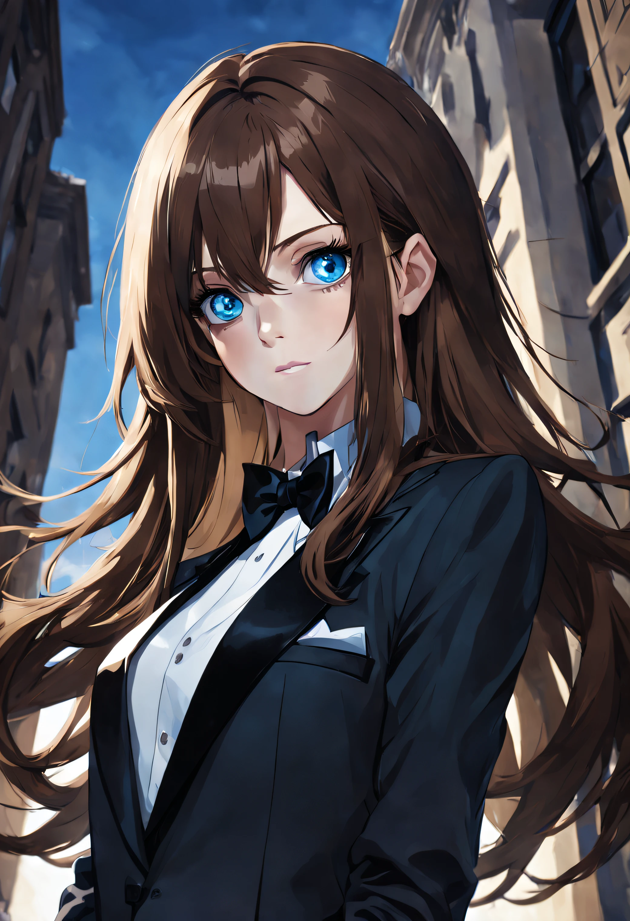 girl with long brown hair, blue eyes, black tuxedo, looking at you from below, with a contemptuous face