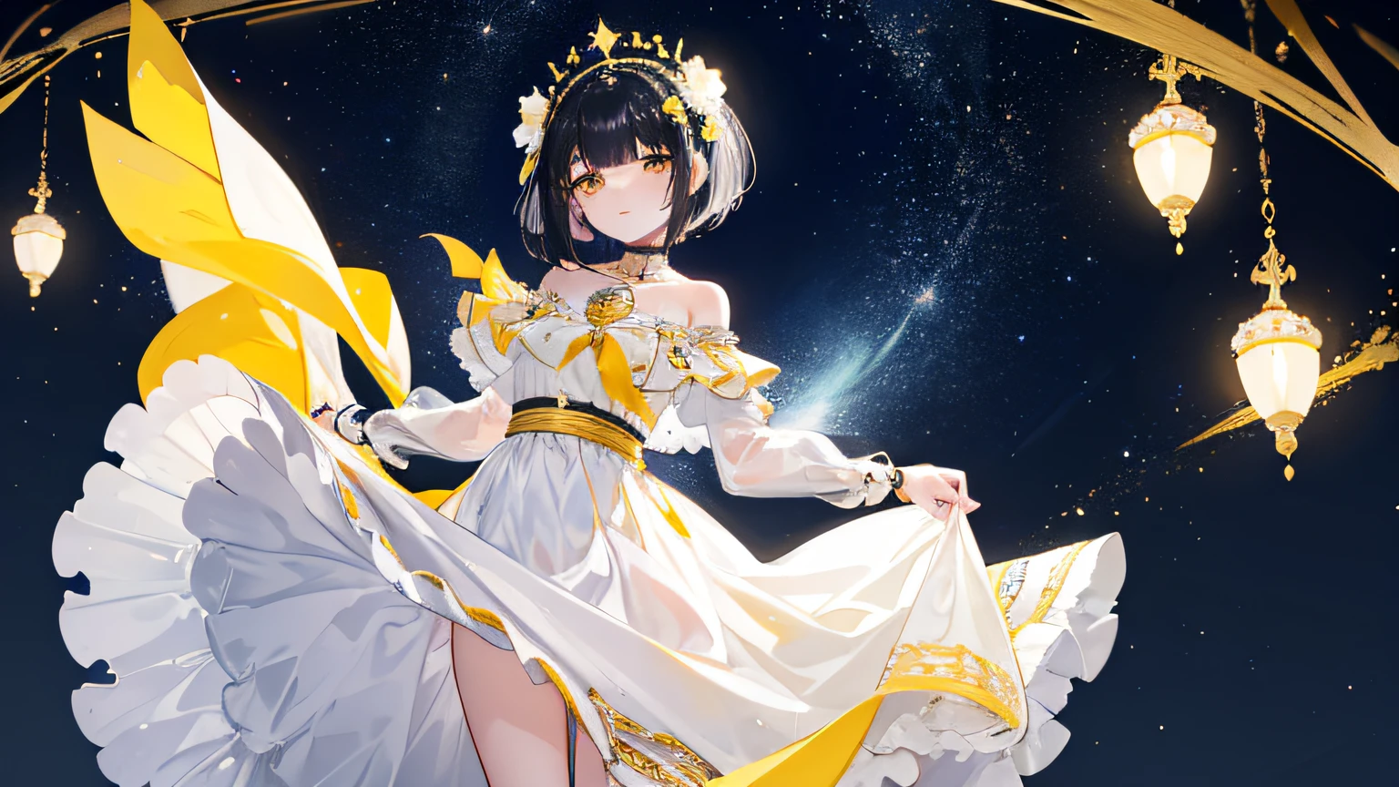 Black hair，short detailed hair，By bangs，Yellow eyes，adolable，teens girl，a white long skirt，luxurious dress，beautiful ornaments，starryskybackground，Beautiful headdress，background starry sky，