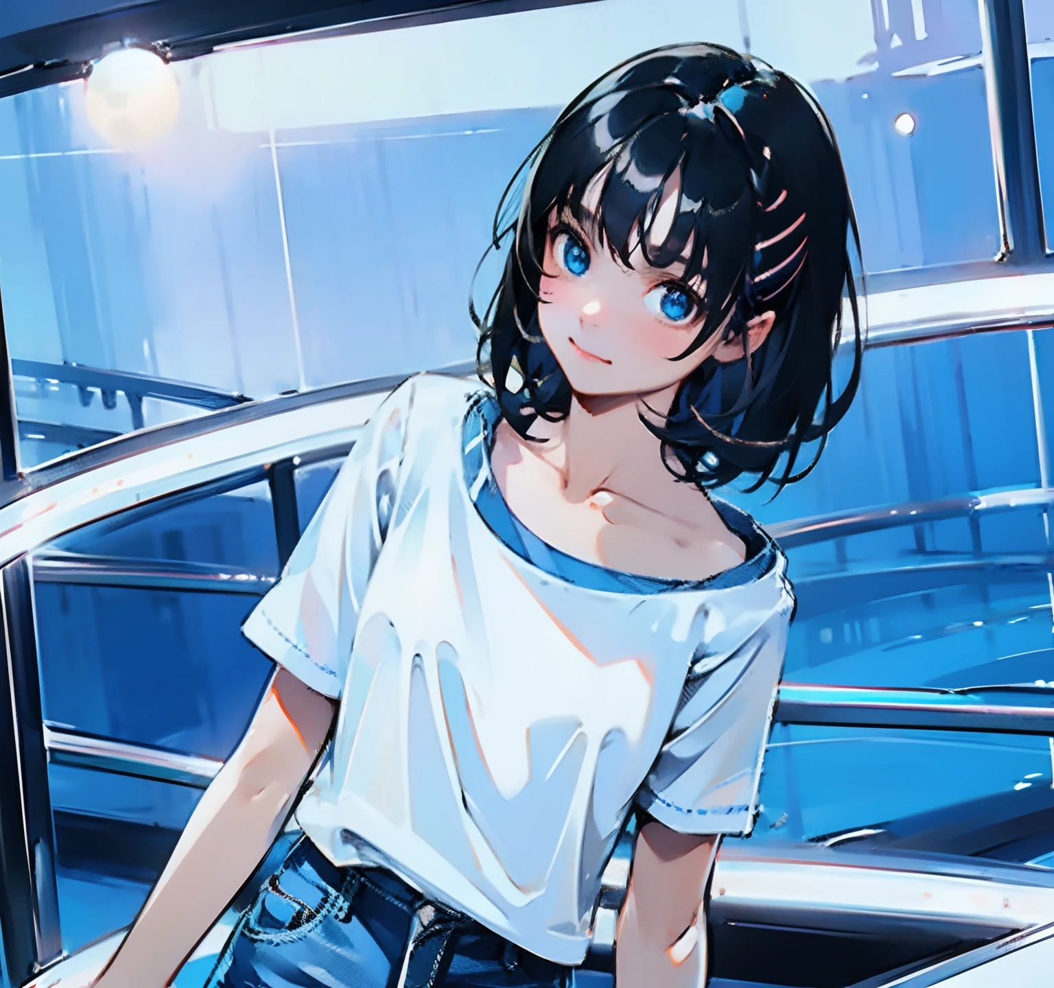 (masterpiece, best quality), 1girl, short black hair, blue eyes, wearing plain navy blue shirt, white patterned underwear, city, absurdres, high res, ultrasharp, 8K, masterpiece, looking at viewer