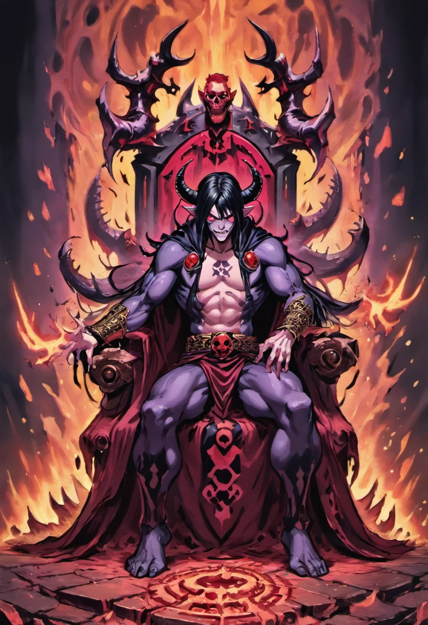 Tall powerful man, sitting on a golden throne surrounded by corpses and skulls, throne is inside a bloody red and black forest of death and destruction, long black hair with purple highlights, long demonic horns, covered in tattoo's and war markings, covered in scarfs, muscular, powerful, massive warhammer sitting at feet, destroyer of worlds, cocky and confident smile, wearing a long black scarf, open chested black robe on his body, hardly covered, long horns, satanic, the devil, four eyes, two sets of eyes, four arms, conqueror