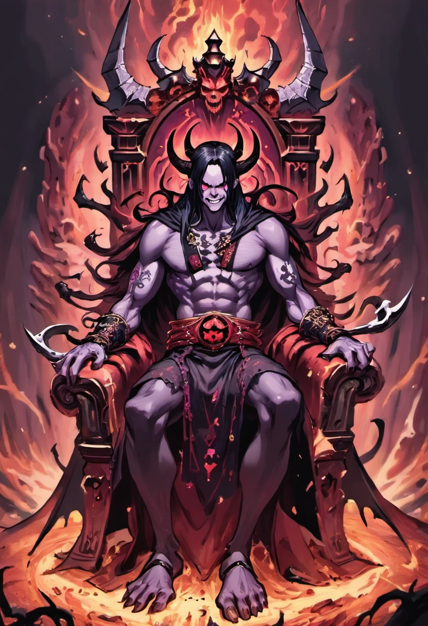 Tall powerful man, sitting on a golden throne surrounded by corpses and skulls, throne is inside a bloody red and black forest of death and destruction, long black hair with purple highlights, long demonic horns, covered in tattoo's and war markings, covered in scarfs, muscular, powerful, massive warhammer sitting at feet, destroyer of worlds, cocky and confident smile, wearing a long black scarf, open chested black robe on his body, hardly covered, long horns, satanic, the devil, four eyes, two sets of eyes, four arms, conqueror