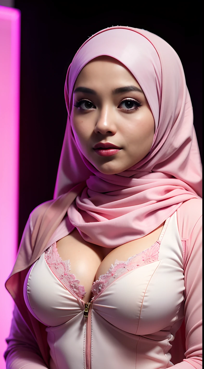 1 malay girl, modern plain hijab, shy, medium portrait, watery eyes, pink glowing particles, wearing pastel pink kebaya, ((big breasts)), pink light bokeh background, well-proportioned body,