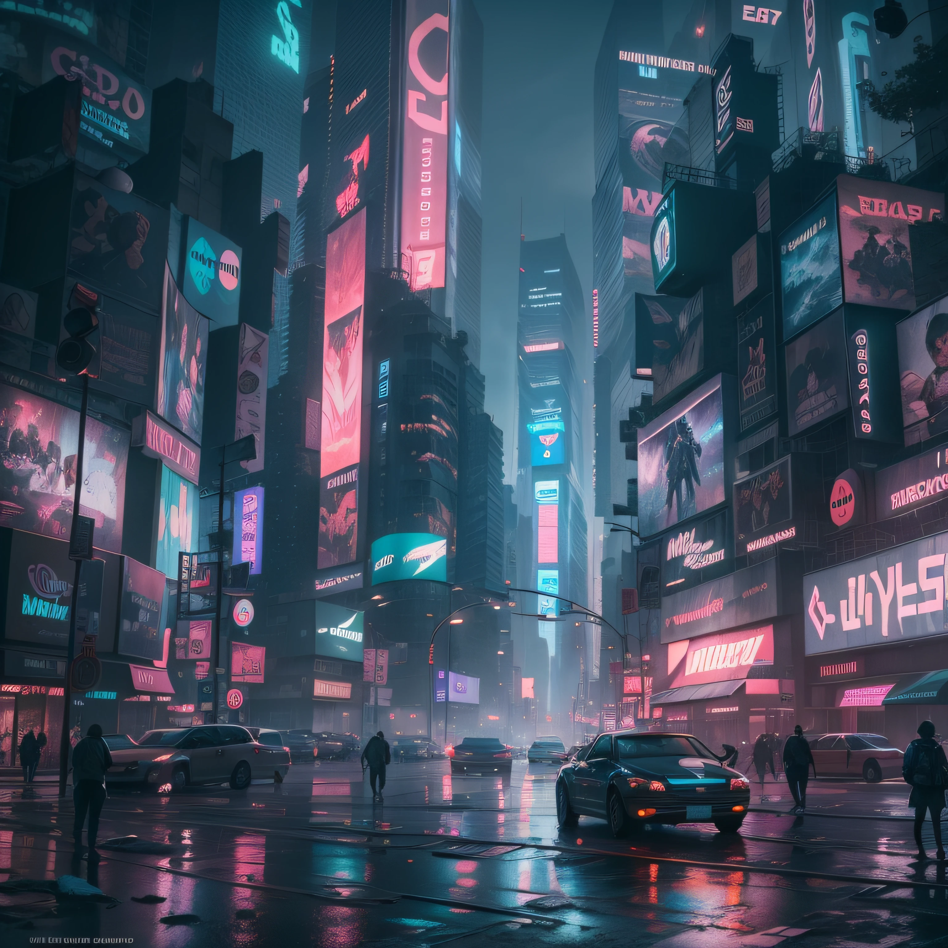 Cidade em um futuro apocalitico, Futuristic city with neon lights and neon grille, chuva, A building with many monitors, cyberpunk with neon lighting, Luz Cyber Neon, Paisagem urbana cyberpunk, Neon Cyberpunk City detalhado, Nova Iorque com tema cyberpunk, cyber aesthetic, SF Computador, cyber installation, Meio da noite, Muitas luzes LED, New York Times Square at the back, graphic, Viciado no jogo, Game screen on a construction monitor, Sunniness
