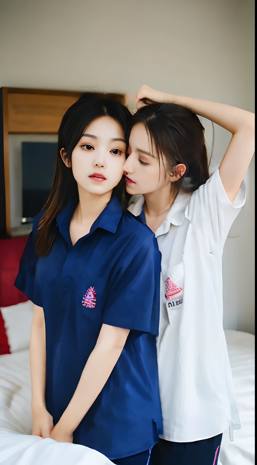 masterpiece, best quality, ultra realistic, hyper-detailed, 8k resolution, RAW photo, sharp focus, (2 girl in coffee shop), ((navy shirt:1.1)), short sleeves, long trackpant, perfect body, 2 mature female, 18yo, cinematic light, 2 girls kissing in the kitchen, Correct anatomy, Perfect Body, Blue sweatpants, Realistic kissing, lesbian, long-haired, Complete Pages