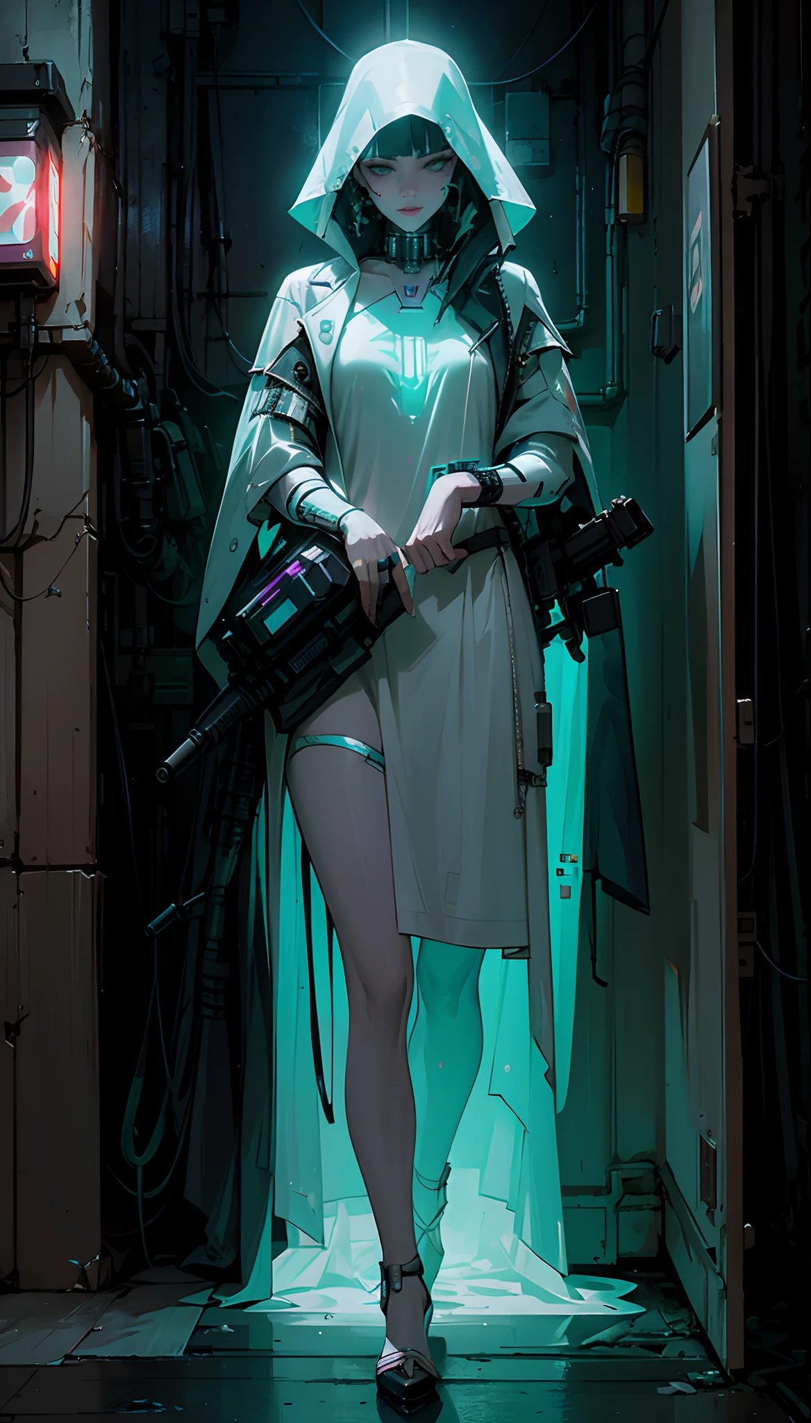An Araved woman in a white dress stood in the doorway, full portrait of electromancer, styled like ghost in the shell, Cyberpunk dress, fiction《neuromancer》Molly, Cyberpunk costumes, cyberpunk photo, cyberpunk with neon lighting, cyberpunk horror style, Molly from Neuromancer, cyberpunk wearing, cyberpunk jackie welles, in cyberpunk aesthetic, cyber punk style