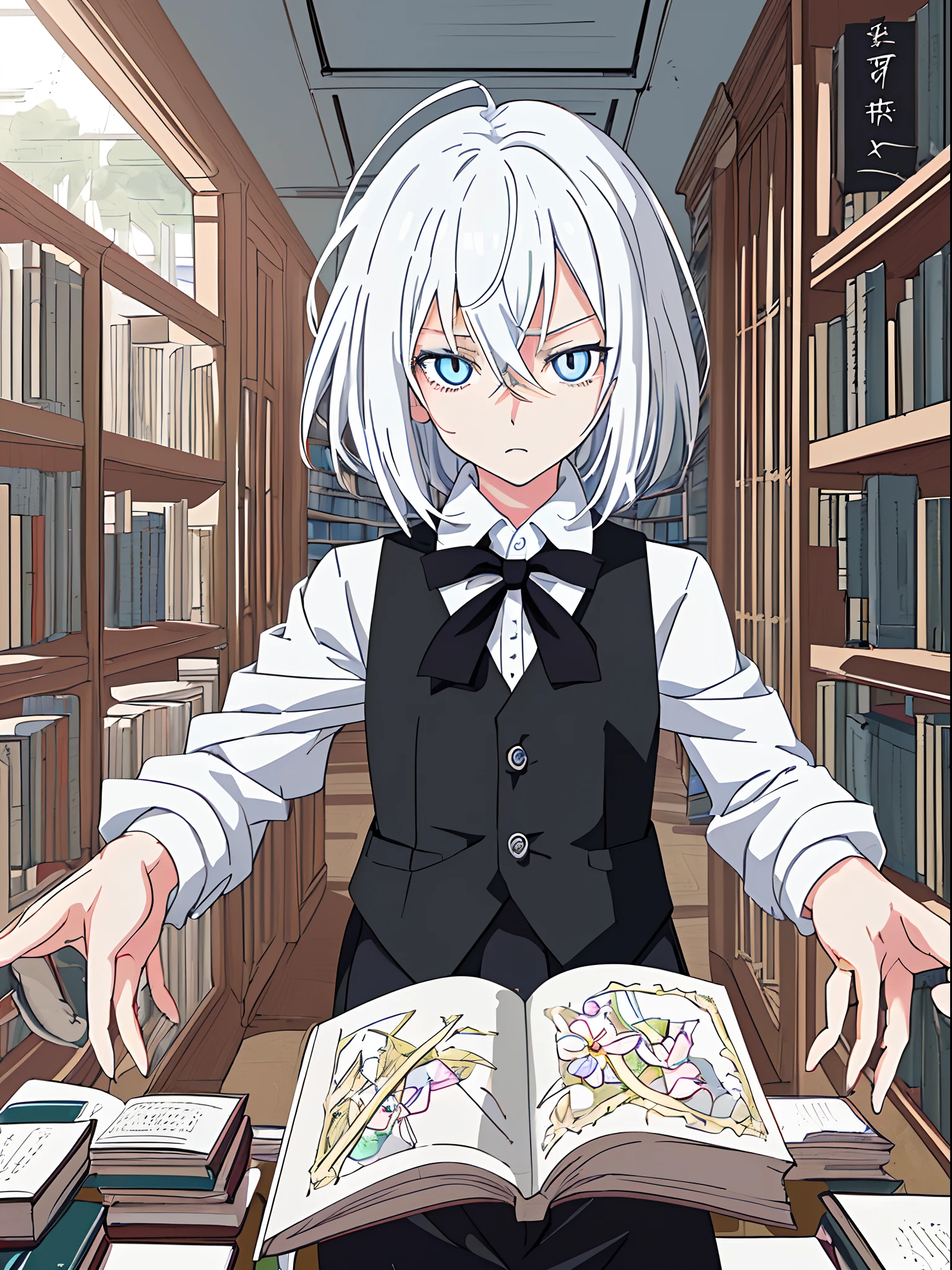 masterpiece,high quality, (((anime art style))),flat color,Sharp,looking at viewer,1Girl,child,White hair,SkyBlue eyes,tsurime,medium hair,hair between eyes,White collared shirt,black collared vest,black shorts,Library, messy room,flower,books,expressionless Face,Sun Shine