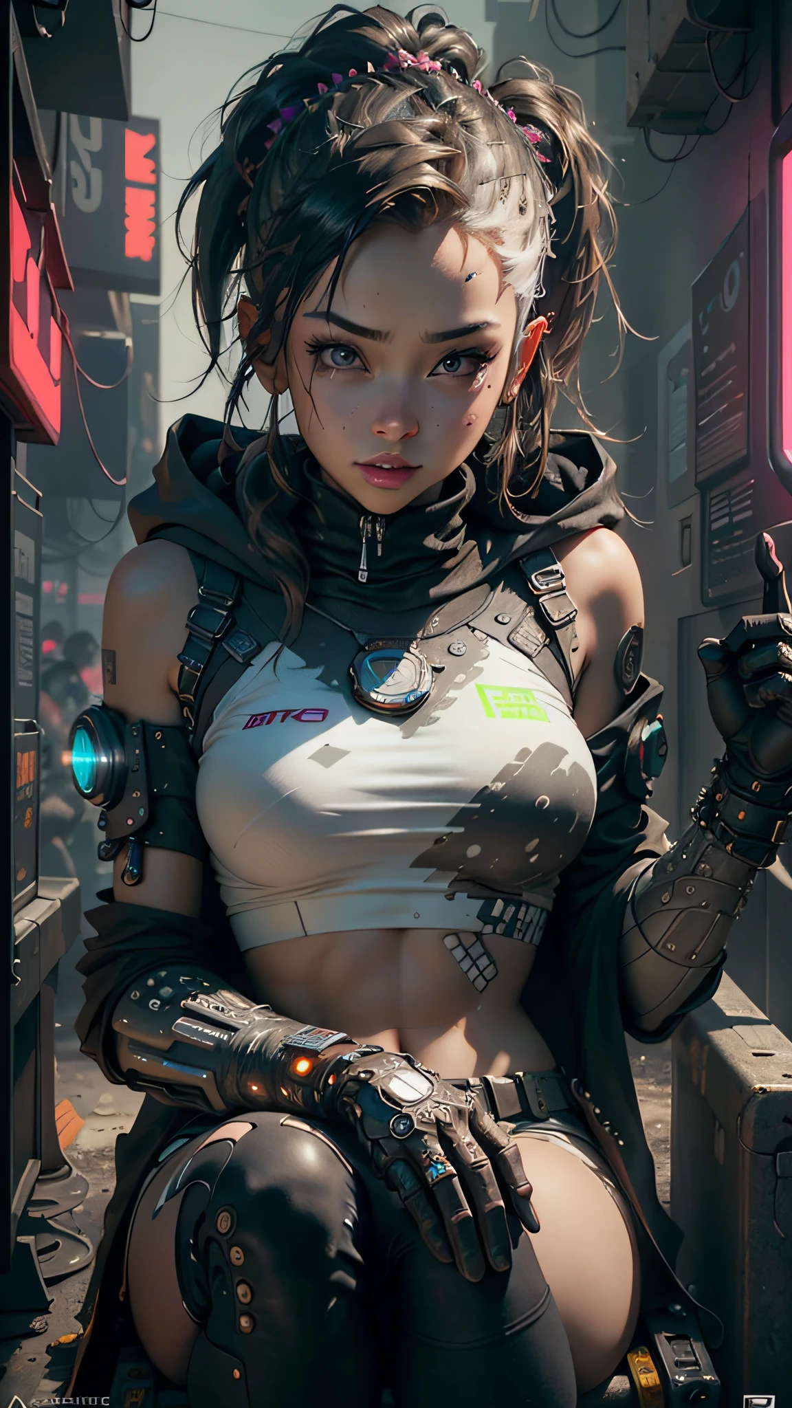 ((Best Quality)), ((Masterpiece)), (Very detailed:1.3), 3D, Beautiful (Cyberpunk:1.3) Female hacker, thick hair, exposed breasts, operating computer terminals, computer servers, LCD screens, fiber optic cables, corporate logos, HDR (High Dynamic Range), ray tracing, NVIDIA RTX, Super Resolution, Unreal 5, Subsurface scattering, PBR textures, Post processing, Anisotropic filtering, Depth of field, Maximum sharpness and sharpness, Multi-layered textures, Albedo and specular mapping, surface shading, accurate simulation of light-material interactions, perfect proportions, octane rendering, duotone lighting, low ISO, white balance, rule of thirds, wide aperture, 8K RAW, high efficiency sub-pixels, subpixel convolution, luminous particles,