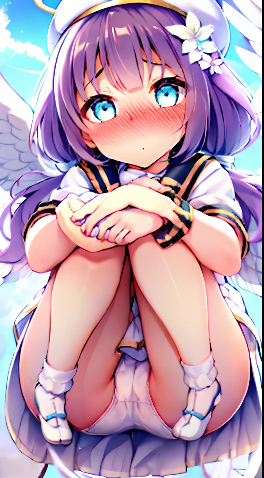 girl girl ((masterpiece,best quality)), (close_up), head_sculpture, 1girl, solo, (low twintails:1.1), (nose blush:1.7), yurisaki_mika, white_beret, mika_serafuku, sailor_collar, mika_halo, flower_hair_ornaments, multiple_wings, blue_sky, clouds, (hugging own legs:1.7), (white panties:1.5)
