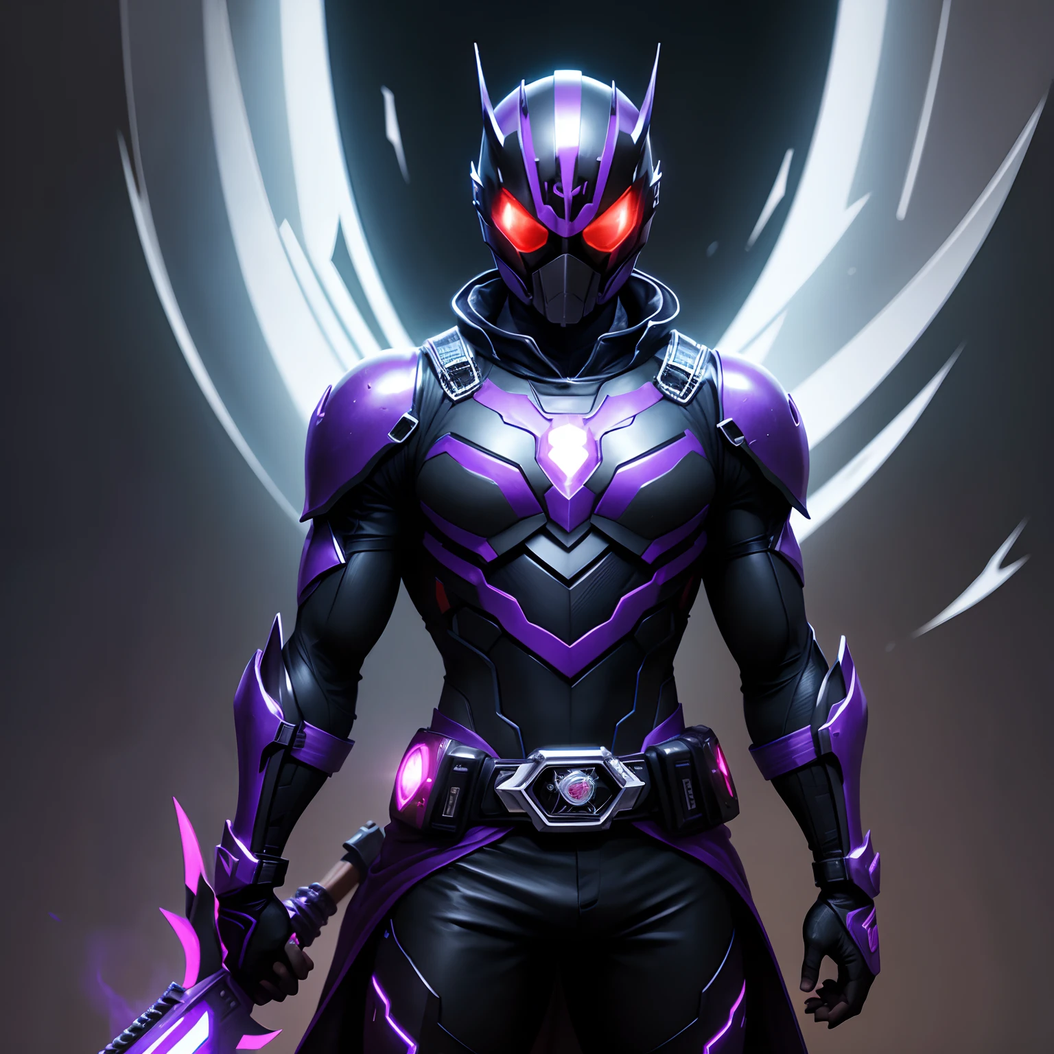 Man Standing Alone、Kamen Rider、hero、black bass、Mechanically、Purple fluorescence、Dark Hero、The Darkness、Weapon bow、The belt stands out、The skin does not come out