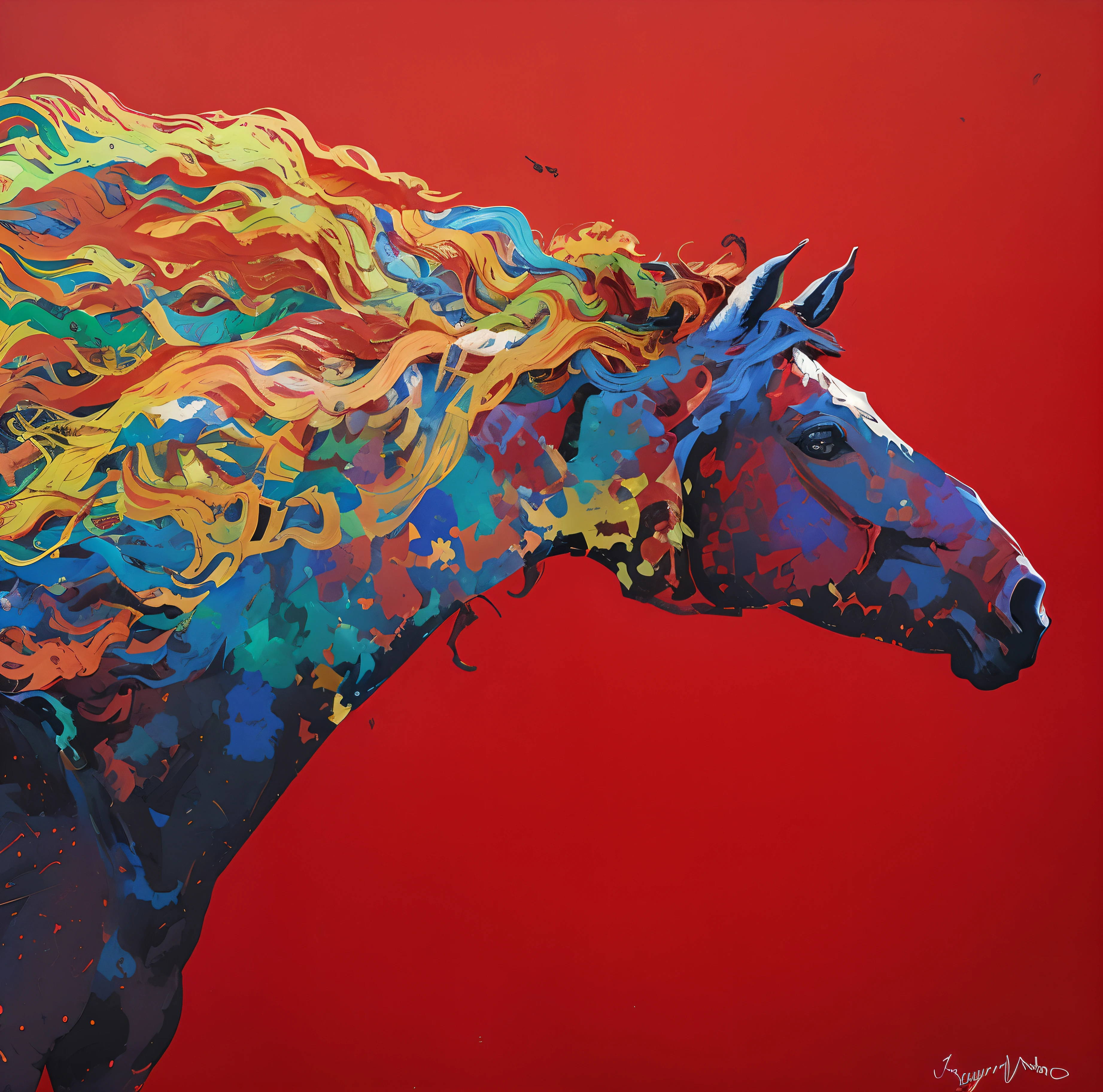Painting of a horse with colorful mane on a red background, author:Kraft Gerard, Mane, author:Nancy Karin, author:Gwen Barnard, author:Jacquie Morgan, author:Caroli Kisfarudi, cavalos, On a red background, digital horse, Intricate oil painting artwork, author:Kurt Trampedach, Fantastic Fauvism, Pacita Abad