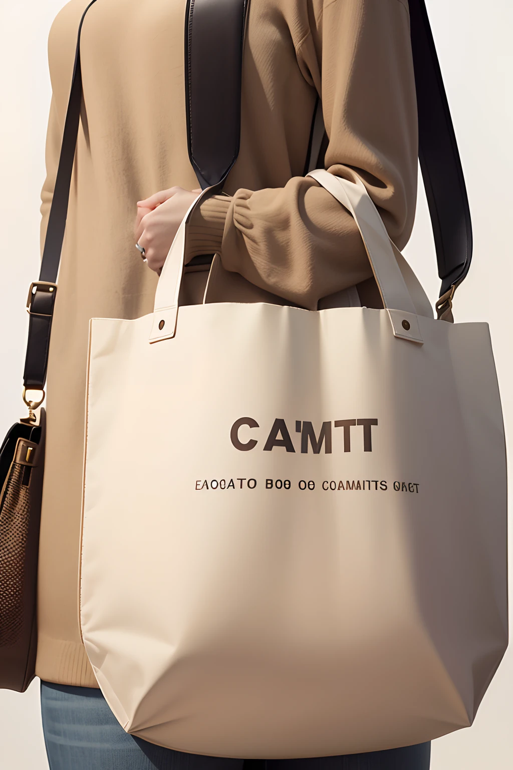 a photo of a eco-bag with the words CAMT, bags, handbag,ECO bag, made with illustrator, camel, full lenght view, set against a white background, by Carlo Martini, by Caro Niederer, inspired by Gianfredo Camesi, a wide full shot, front facing shot