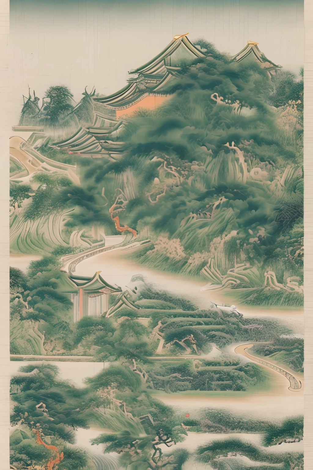 An ancient Chinese painting， Ancient Chinese background，big trees，red fox， mountain ranges， rios， Auspicious clouds， Pavilions， rays of sunshine， tmasterpiece， super detailing， Epic composition， hyper HD， high qulity， extremely detaile， offcial art， 统一 8k 壁纸， super detailing，