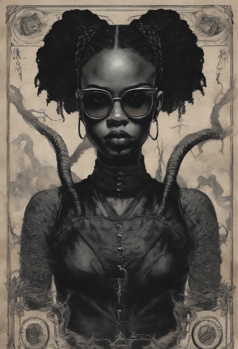 1970's dark fantasy book cover paper art dugerons and dragon style drawing of black girl with boxer braid, round face and round, vintage glasses. Wearing a black outfit with a high collar and ripped sleeves that look like a tank top.