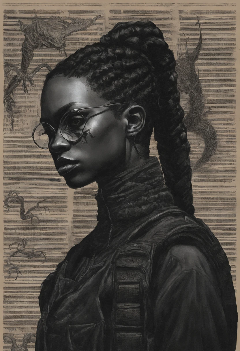 1970's dark fantasy book cover paper art dugerons and dragon style drawing of black girl with boxer braid, round face and round, vintage glasses. Wearing a black outfit with a high collar and ripped sleeves that look like a tank top.