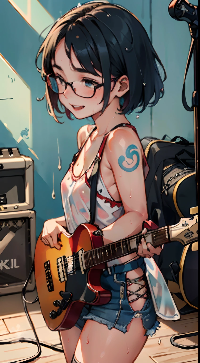 masterpiece, best quality, ultra-detailed, illustration, an extremely delicate and beautiful,high resolution, ultra-detailed,,perfect face,slender perfect body, Tight belly,Toned buttocks,Constricted waist,,(1 girl to band,guitar:1.7), 15yo,(1girl to colorful hair),(big smile),glasses, (big tattoo),(1girl to very short hair), shy daughter, short stature,(rock and roll star:1.3),(small breasts),on a luxurious stage), (band girl), (wet:1.2),((very wide shot )),( sweaty skin:1.2),(low view:1.5)
