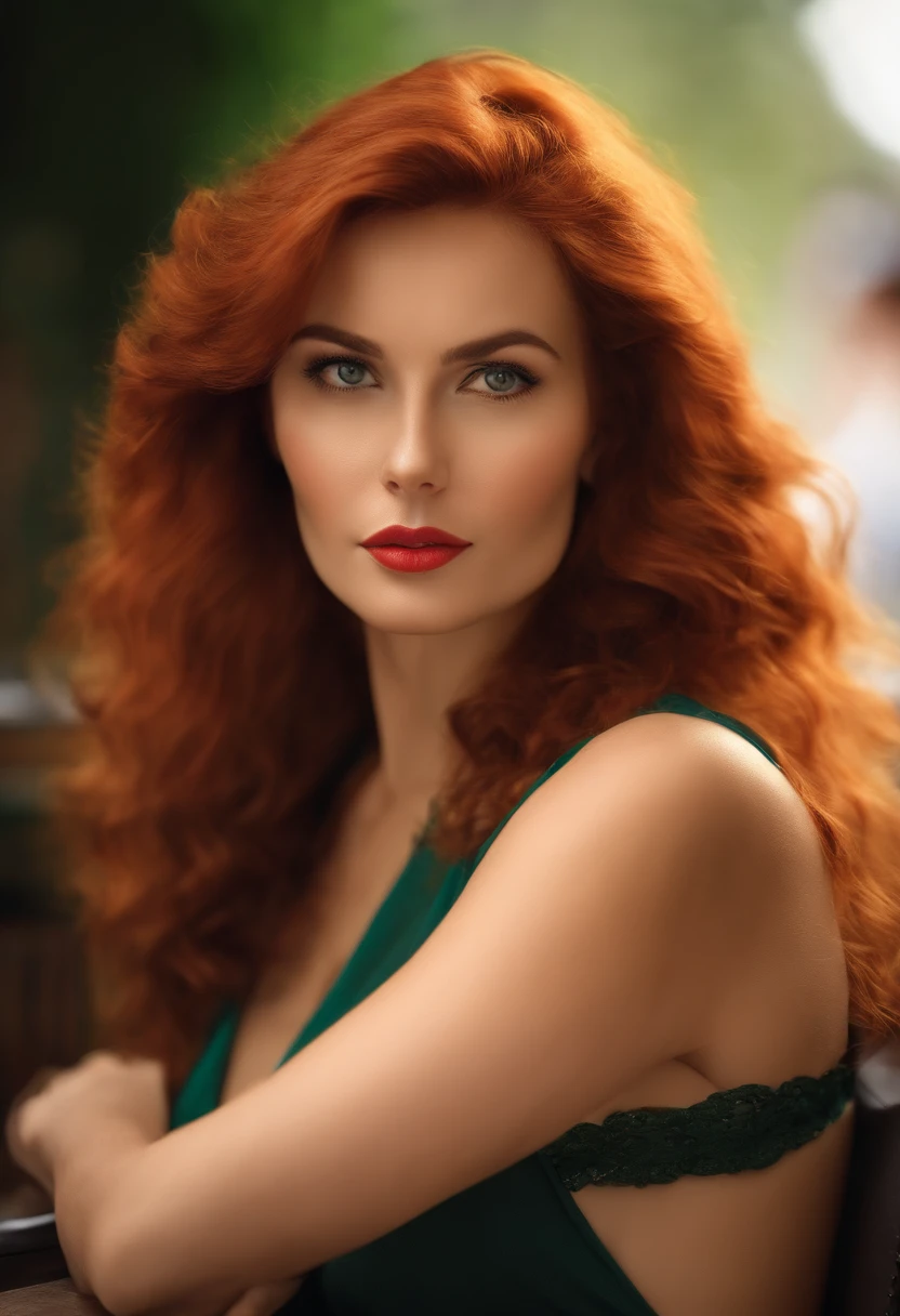 professionnel, (Photo portrait 4K:1.1) (mise au point nette:1.3), High detail, Porter (Chemise moulante:1.2), beautifull detailed face, An attractive woman with long red hair looks at the camera, Panasonic Lumix S Pro 50mm F/1.4, dark orange and dark emerald, Ferrania P30, photo realist, (attractive young woman:0.9), (Seductive:1.3), (rougissant:1.1), Forme du corps du sablier, Gros seins ronds, hanches larges, at the café