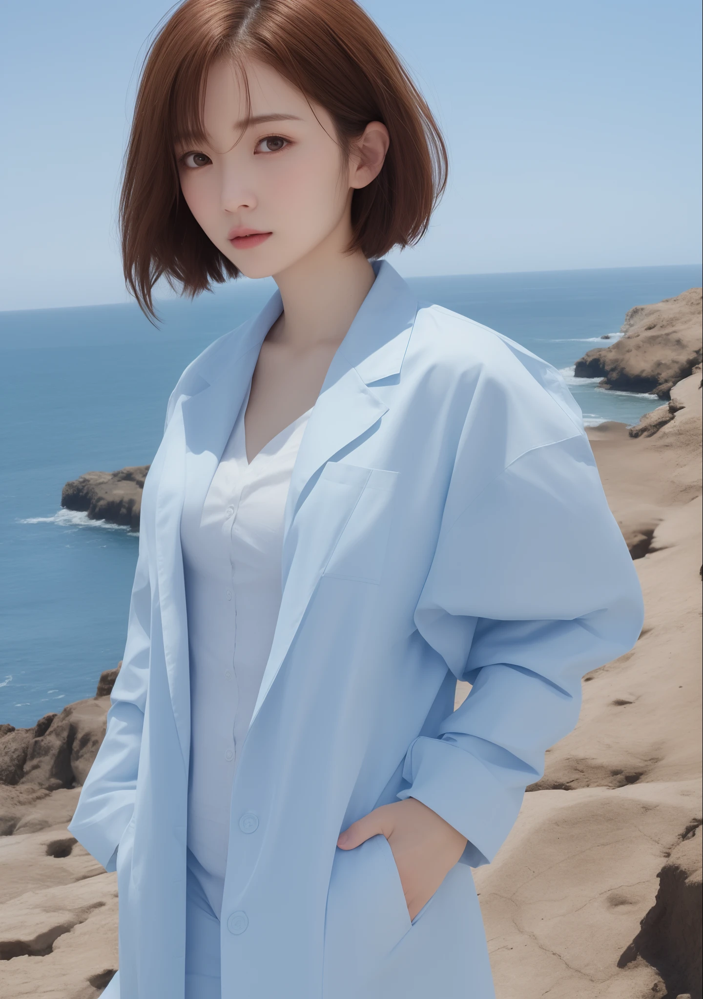 top-quality、Beautiful woman in medical lab coat、Wearing a light blue shirt under a lab coat,Reach into the pocket of your lab coat、Light blue medical long pants、short-hair、Brown hair、a small face、a baby face、A slender、Colossal tits、Colossal tits、Breasts are too big and come out of the shirt,、strong emphasis on the chest、、Stand on a cliff with the sea in the background、sad eyes、look up sky、Sea view、Facing the side、Hair fluttering in the wind、