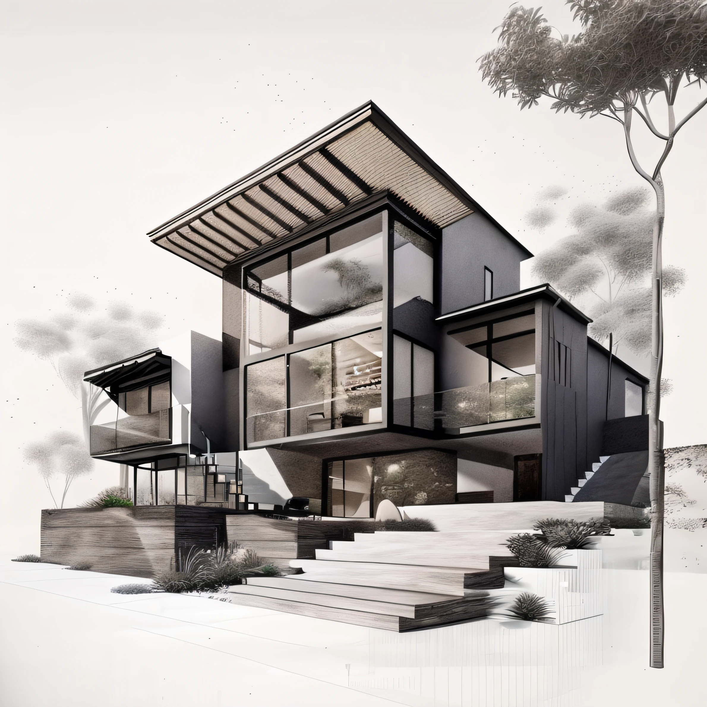 a drawing of a house with a staircase leading to a patio, architectural rendering, architectural render, beautiful rendering, architectural illustration, precise architectural rendering, architectural sketch, architecture drawing, realistic architecture, drawing architecture, architecture design, high quality architectural art, architectural concepts, architecture render ”, architecture render, architectural visualisation, architectural visualization, dramatic rendering, architectural design, architectural 3 d render