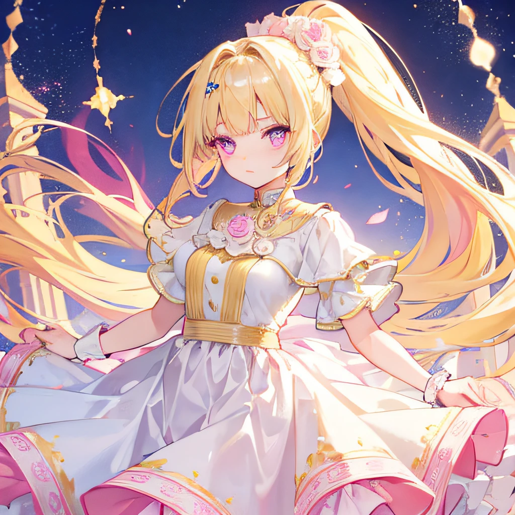 Light yellow hair，Ponytail hairstyle，Pink eyes，Pink pupils，s girl，a white long skirt，Gorgeous dress，Beautifully decorated，Head ornament，starryskybackground