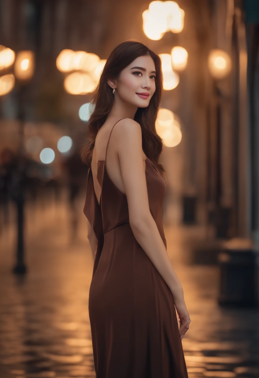 ((Best quality, 8k, Masterpiece :1.3)), 1girl, smiling, full body, slim face, Pretty woman, (Dark brown hair), full length dress :1.1, Ultra-detailed face, Detailed eyes, Double eyelid, blur background, slim face, city, outside, street,