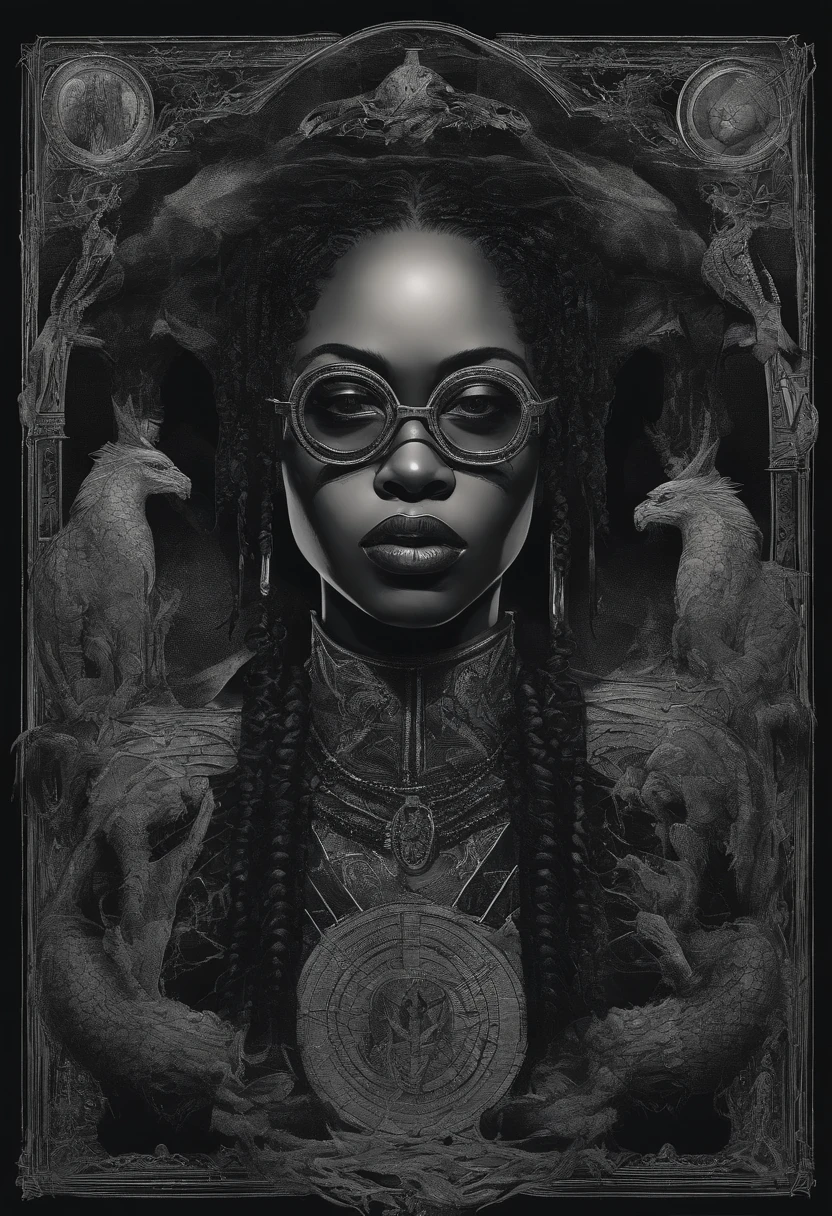 1970's dark fantasy book cover paper art dugerons and dragon style drawing of black girl with boxer braid, round face and round, vintage glasses. Wearing a black outfit with a high collar and ripped sleeves that look like a tank top.