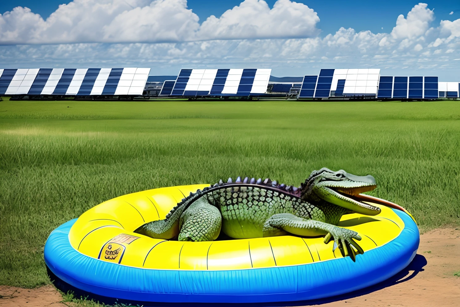 An alligator on an innertube, drinking a pina colada, wearing sunglasses and an LSU shirt with a solar farm in the background