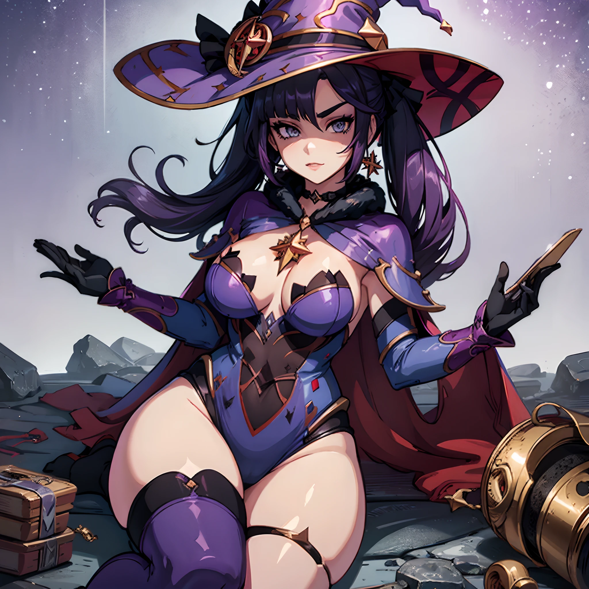 Female with dark purple hair, silver eyes, large breasts, cleavage, wearing sexy purple dress, sexual pose, wearing witches hat