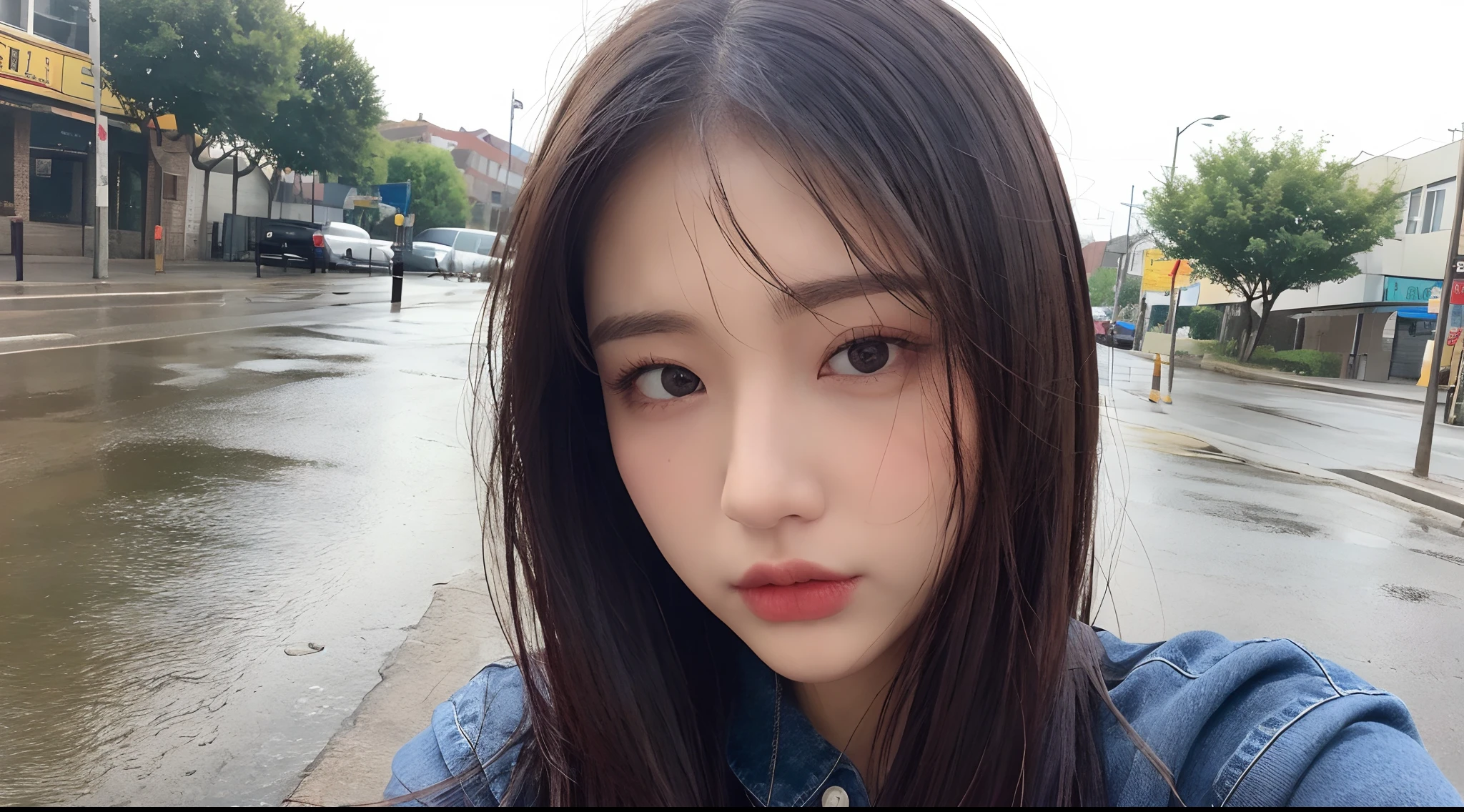 ((Best Quality, 8K, Masterpiece: 1.3)), Sharp: 1.2, Perfect Body Beauty: 1.4, Slim Abs: 1.2, ((Layered Hairstyle, Big Breasts: 1.2)), (Wet White Button Long Shirt: 1.1), (Rain, Street: 1.2), Wet: 1.5, Highly detailed face and skin texture, detailed eyes, double eyelids, side face looking at the camera