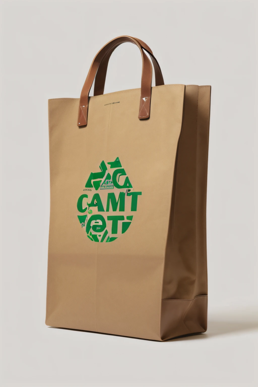 a photo of a eco-bag with the words "CAMT", bags, handbag,ECO bag, made with illustrator, camel, full lenght view, set against a white background, a wide full shot, front facing shot, ultra realistic