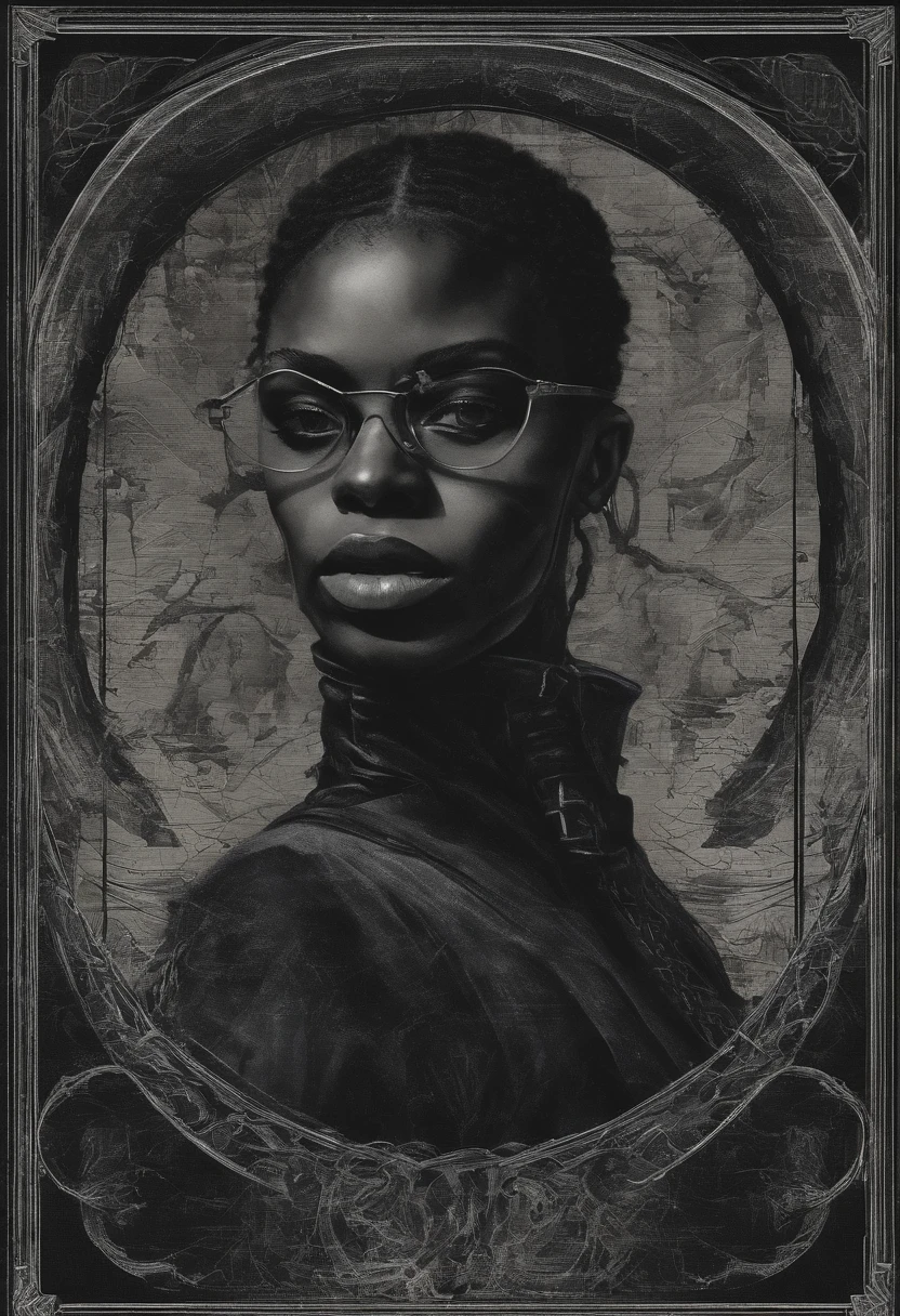 1980's dark fantasy book cover paper art dugerons and dragon style drawing of black girl with boxer braid, round face and round, vintage glasses. Wearing a black outfit with a high collar and ripped sleeves that look like a tank top.
