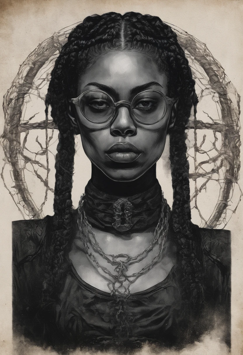 1980's dark fantasy book cover paper art dugerons and dragon style drawing of black girl with boxer braid, round face and round, vintage glasses. Wearing a black outfit with a high collar and ripped sleeves that look like a tank top.